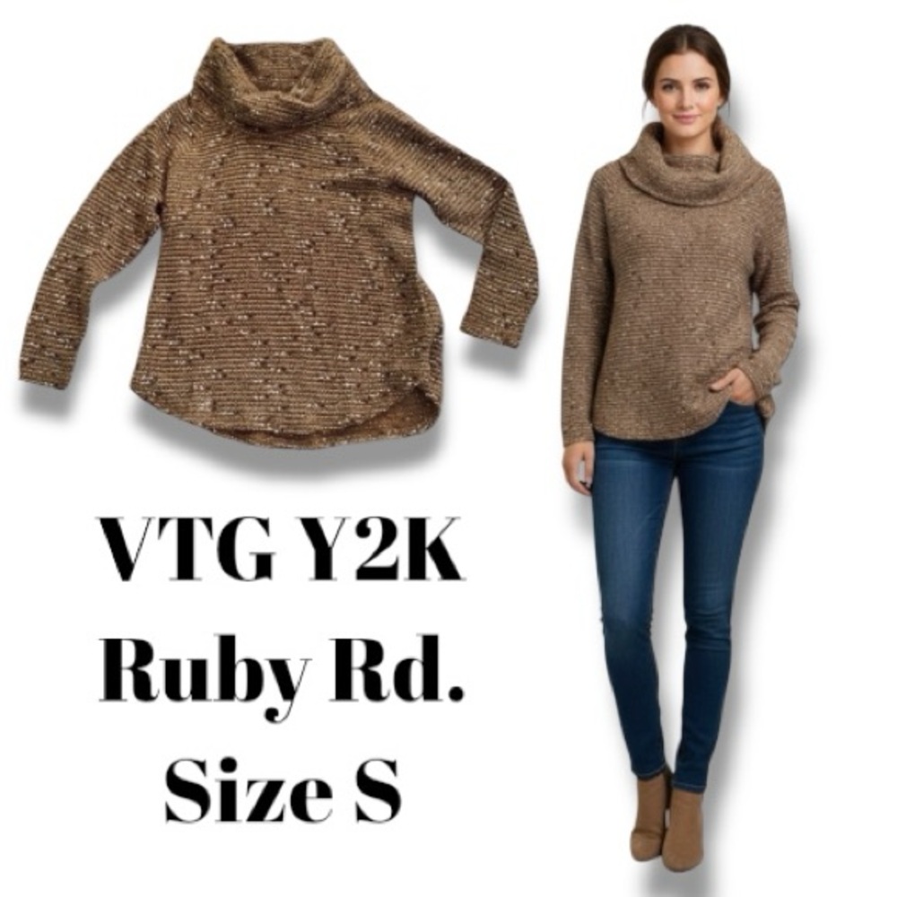 Ruby Rd. Wild Side Sweater VTG Y2K Brown Boucle Cowl Wool Blend Women’s S